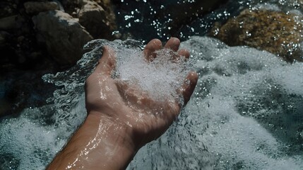 Fototapeta premium Water, Stream, River, Hand Cupping Flowing Water in Mountain Stream