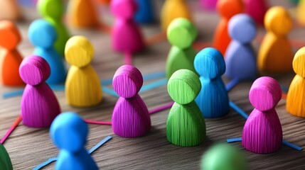 Network, Connection, Connections, Colorful Wooden People Figures Representing Network Connections