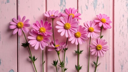 Pink daisies arranged against a rustic pink wooden background