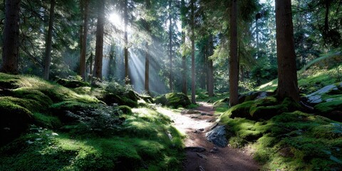 Obraz premium Majestic forest trail covered in moss and sunlight rays piercing through trees