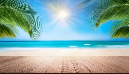 abstract tropical paradise with palm leaf and product display at sand beach beach vacation nature background scene with defocused sun lights over the blue sea