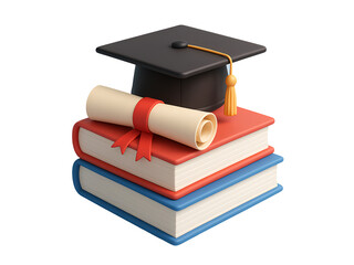 3D Graduation Cap with Diploma and Books Stack for Education and Academic Success Themes Isolated on Transparent Background