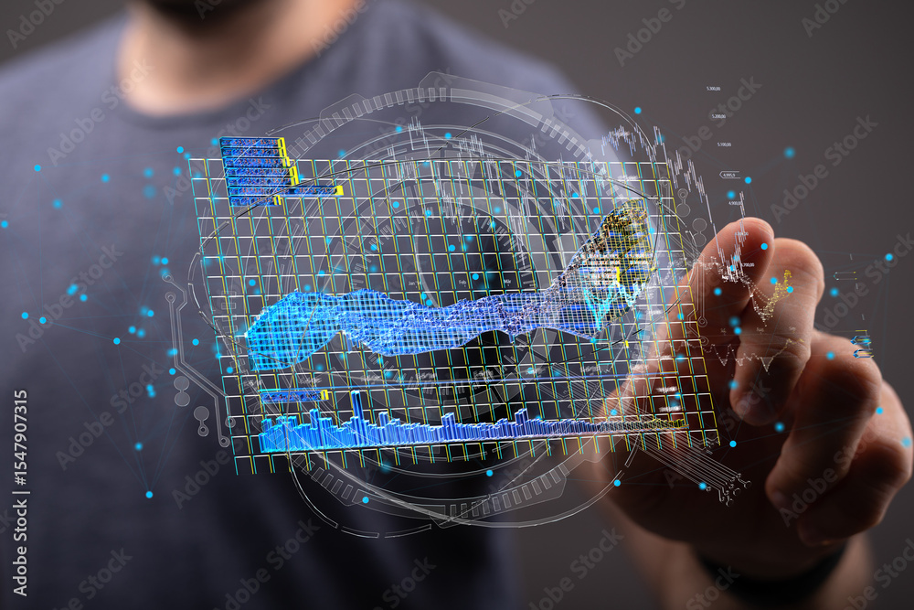 Poster Man interacts with a holographic display showing complex data charts and graphs. Perfect for tech, finance, and business concepts.