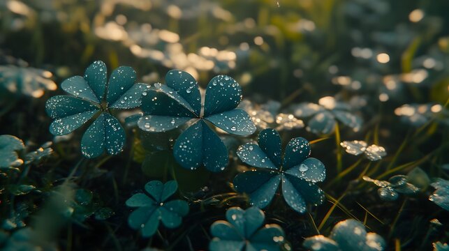 Clover, Leaves, Dew drops, Dew-Kissed Clover Leaves at Sunrise