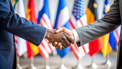 photo of two senior global delegates shaking hands at an international summit, with national flags in the background and attendees blurred behind, symbolizing diplomatic cooperation
