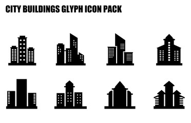 City building glyph icons in various architectural styles. Silhouettes of modern and historical structures against a plain white background.