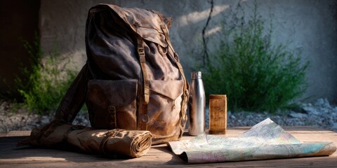 Makeshift travel gear in post-apocalyptic setting, rusted backpack, water filter, DIY map