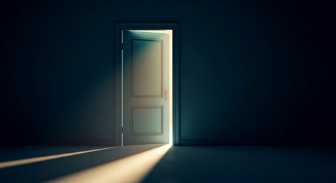 A slightly ajar door in a dark room, light streaming from beyond, symbolizing new beginnings, hope, and the unknown