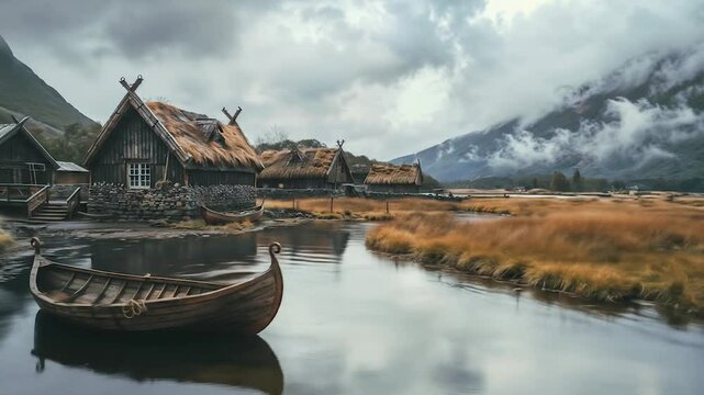 Traditional Viking longhouse settlement with wooden boat moored beside Nordic fjord landscape under dramatic cloudy mountain scenery in Scandinavian wilderness