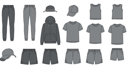 Casual male wardrobe collection with caps, hoodies, shorts, and shirts in monochrome style vector illustration