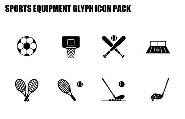 Sports equipment glyph icons in a set design. Black and white silhouette graphics of various sports equipment and playing fields.