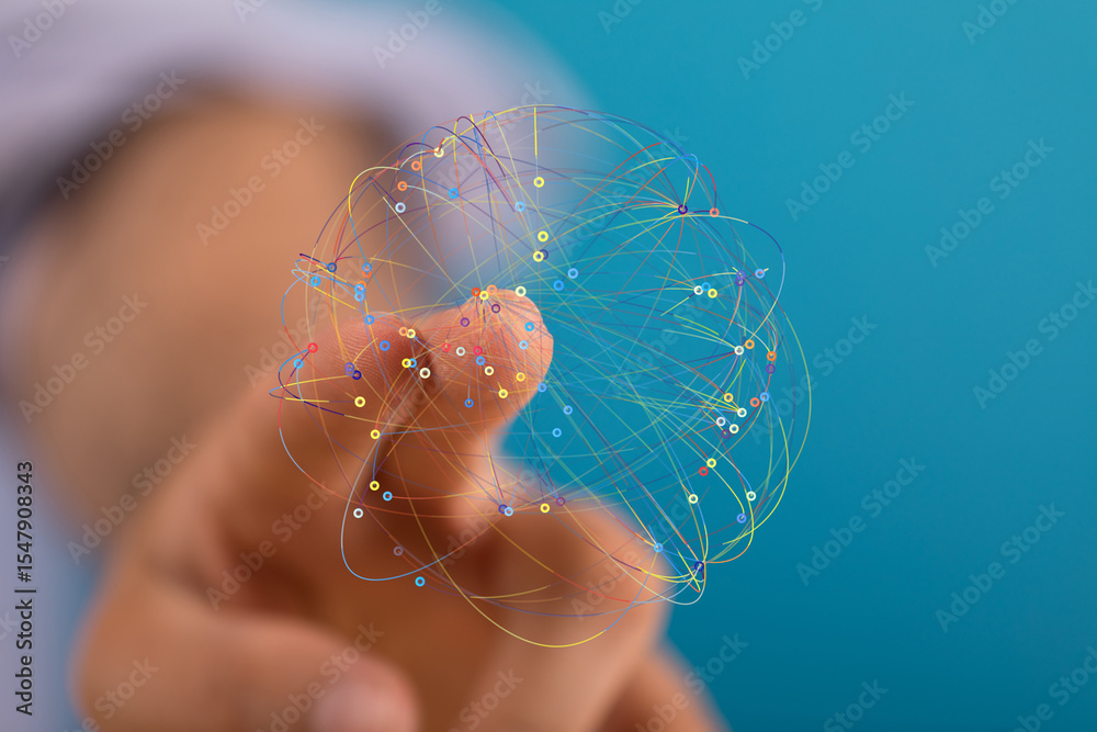 Aufkleber Abstract image of a fingertip interacting with a colorful network, representing global connectivity and digital technology.