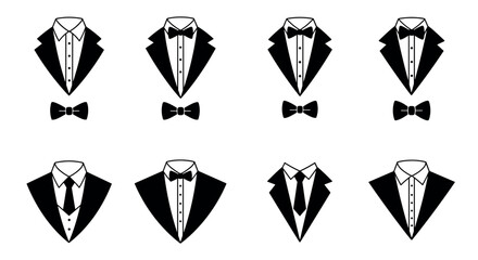 Minimalist tuxedo and bow tie icon set – elegant formal attire illustrations in black and white vector illustration