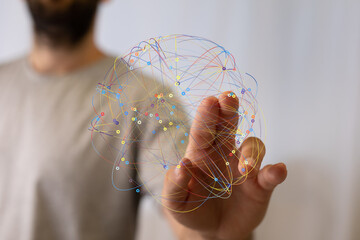 Hand interacting with a digital network, illustrating global connections and data flow.