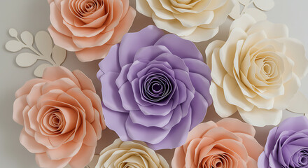 Floral Elegance: A delicate arrangement of handcrafted paper roses in soft pastel hues, blooming with intricate details and a touch of artistry.