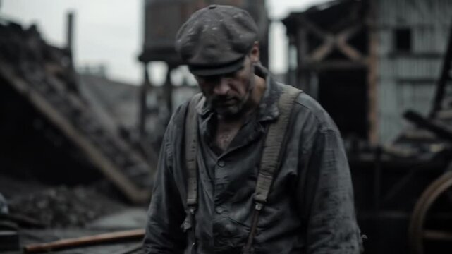 Exhausted industrial worker in worn clothing and cap sits wearily amid factory ruins during harsh working conditions of early manufacturing era exploitation