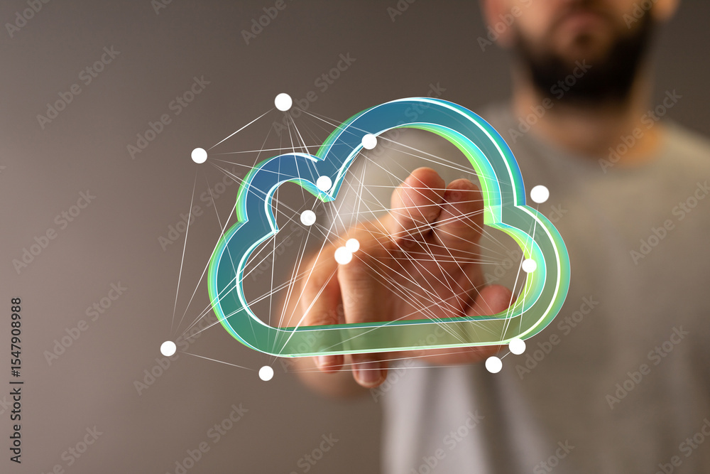 Poster Person interacting with a digital cloud, representing data storage and network technology.