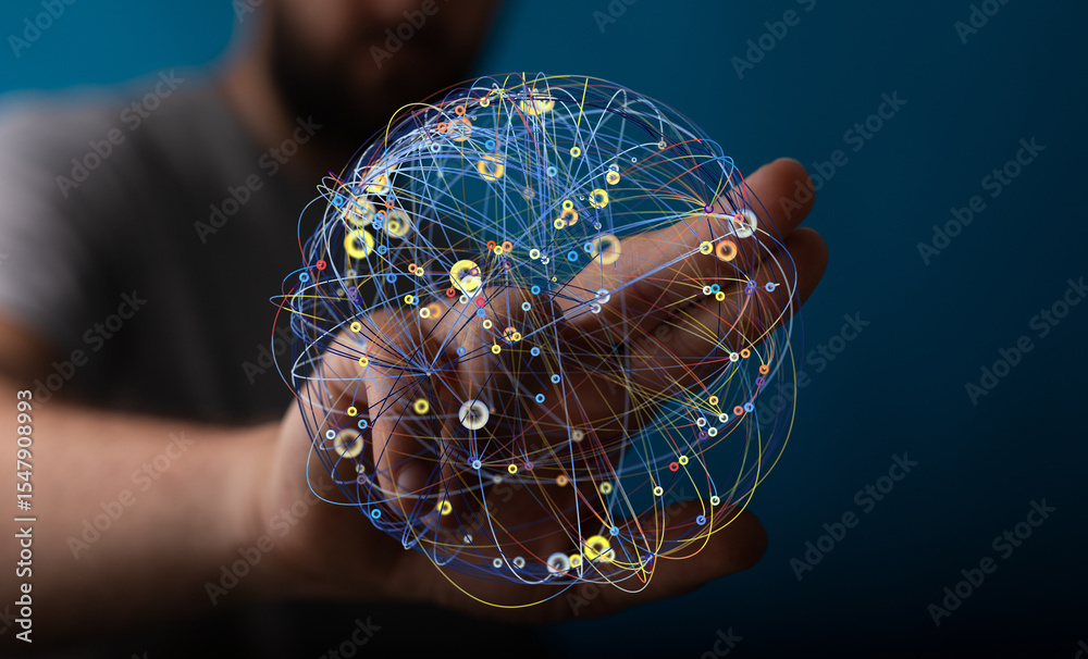 Poster person holding a digital sphere representing global network connections. concept for technology, com