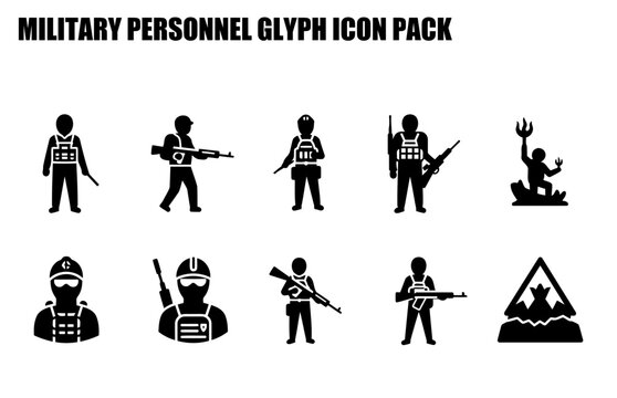 Military personnel glyph icons in various poses and situations. Armed personnel in tactical gear holding weapons, demonstrating diverse combat roles and scenarios.