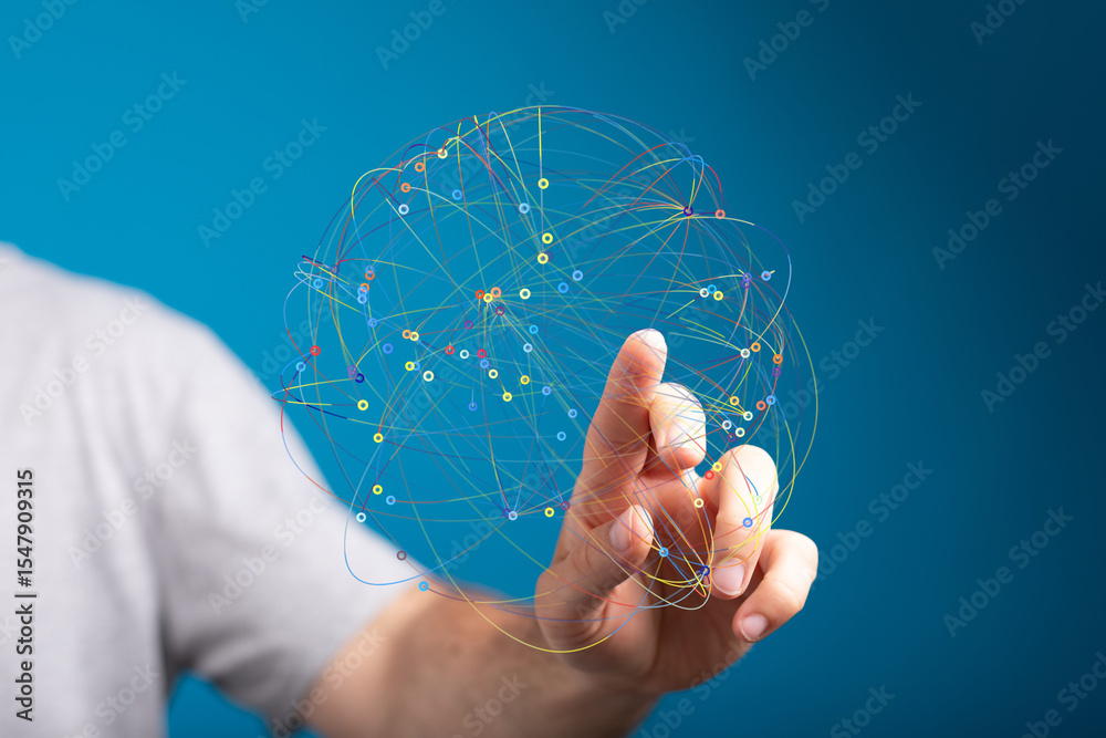 Aufkleber Abstract image of a hand interacting with a digital network sphere, representing connection and global communication.