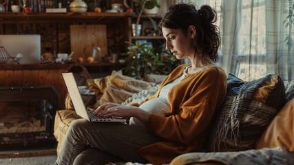Pregnant woman working remotely on laptop from comfortable home office while expecting baby, representing modern entrepreneurship and flexible work-life balance - Powered by Adobe