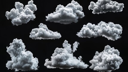 3D render, collection of random shapes of abstract clouds, cumulus different views