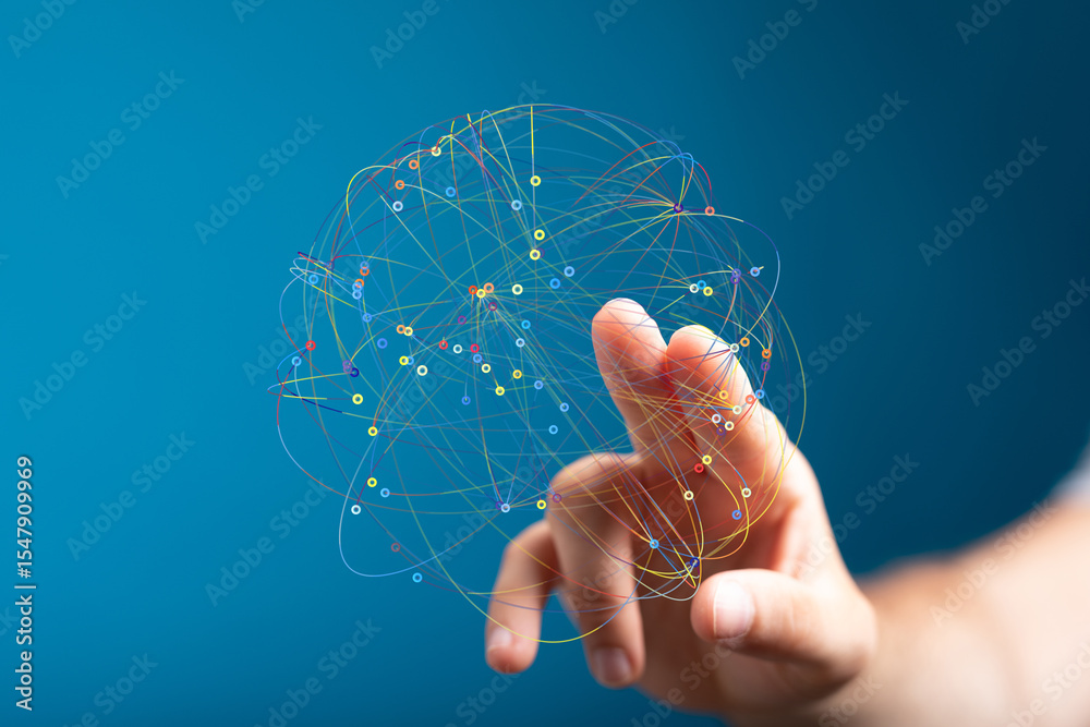 Poster Abstract image depicting a hand interacting with a digital network.  Ideal for technology, connectivity, and global concepts.