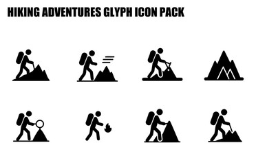 Hiking adventures glyph icons depicting various actions on mountains