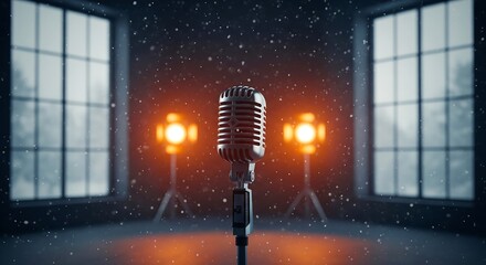 Vintage microphone on stage with lights and snow background for music and entertainment showcase