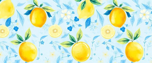 Watercolor lemon & blue vintage pattern Seamless repeat for fabric, paper, etc, gift, fabric