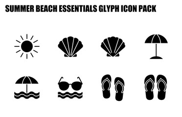 Summer beach essentials glyph icons for a website or app. Simple black and white graphic representations of sun, seashell, umbrella, sunglasses, beach waves and flip-flops on a white background.