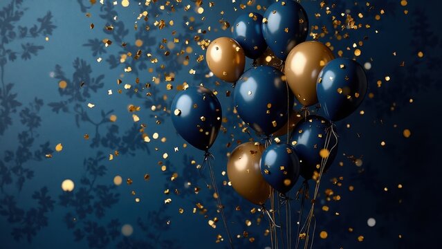 Navy blue and gold balloons float amidst falling confetti against a dark blue patterned backdrop.