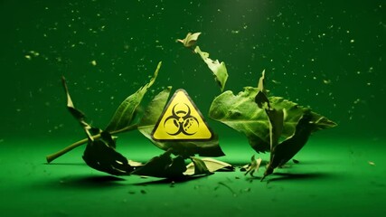 Biohazard Threat to Green Nature: A Crumbling Leaf with Biohazard Symbol, Illustrating Environmental Contamination and ecological damage. - Powered by Adobe