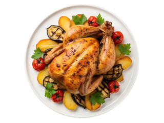 Perfectly Roasted Whole Chicken with Grilled Vegetables and Potatoes on White Plate – Isolated on Transparent Background