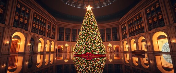 Obraz premium A majestic Christmas tree, star-topped, glows warmly, its light reflecting on a dark polished floor, magic, yuletide