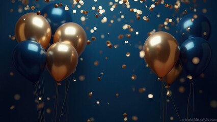 Elegant gold and navy blue balloons float amidst falling confetti, creating a festive celebratory atmosphere.