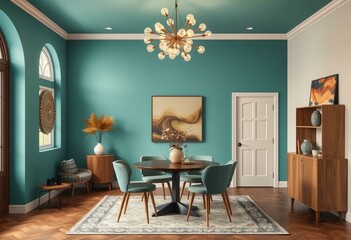 Retro-inspired dining room with bold teal accent wall and tiered sputnik light