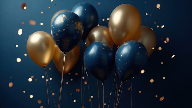 Elegant navy blue and gold balloons float against a dark blue background, scattered with gold confetti, creating a celebratory festive