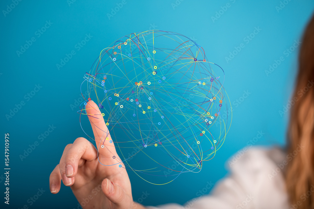 Aufkleber Abstract image of a hand interacting with a colorful network, representing global connections and digital data.