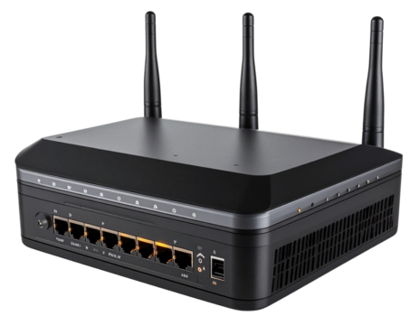 Modern Wireless Router with Dual Antennas and LED Indicators, Isolated PNG