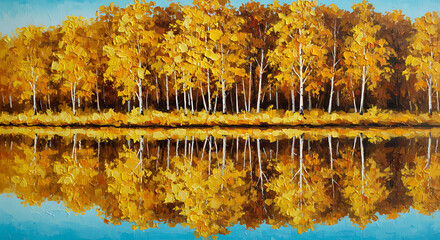 Obraz premium Golden Trees Reflection: Autumn's essence is captured in a scenic landscape of vibrant golden trees mirrored on a calm, tranquil water surface, showcasing nature's peaceful embrace.