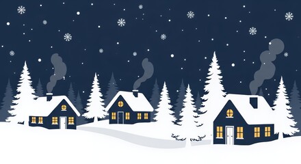 Fototapeta premium Snowy Village Houses Winter Holiday Dark Blue White Trees Smoke Falling Snowflakes