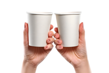 Two men's hands holding up disposable paper cups and clinking isolated on white background. Ai Generated Images