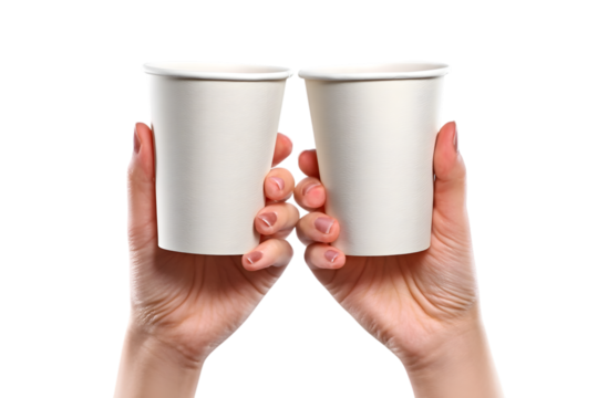 Two men's hands holding up disposable paper cups and clinking isolated on white background. Ai Generated Images