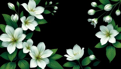 Elegant white & green abstract floral design on black, framed with dark & light blossoms; green leaves texture, banner, white, texture