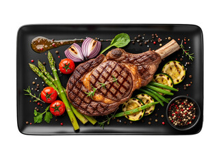 Grilled Tomahawk Ribeye Steak with Roasted Vegetables and Peppercorn Garnish on Elegant Black Plate – Isolated on Transparent Background
