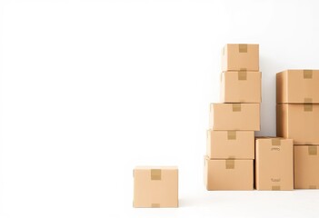 Neat row of sturdy cardboard boxes on pure white background,  message,  line