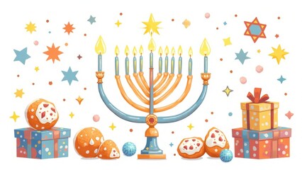 Hanukkah menorah with lit candles, sufganiyot, and gifts illustration