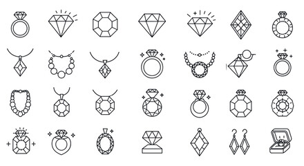 Collection of geometric jewelry icons featuring rings, necklaces, and earrings vector illustration