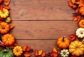 Rustic wood background, autumn border of pumpkins, gourds & fall decor,  fall decorations,  fall border